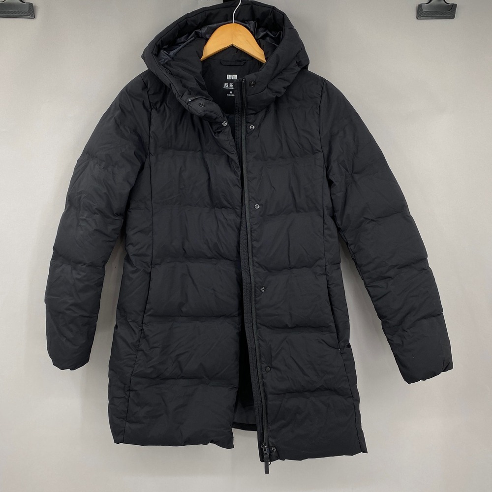 Uniqlo Seamless Down Parka Jacket Women XS Black Long Puffer Hooded Coat